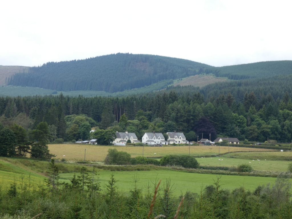 Pastoral landscape featuring a row of white houses nestled in a verdant valley, flanked by a dense forest and rolling hills. The scene is tranquil and evokes a sense of rural peace. A few sheep are visible in a field, further enhancing the idyllic countryside setting. The overall palette is muted and natural, with greens and greys dominating the view.
