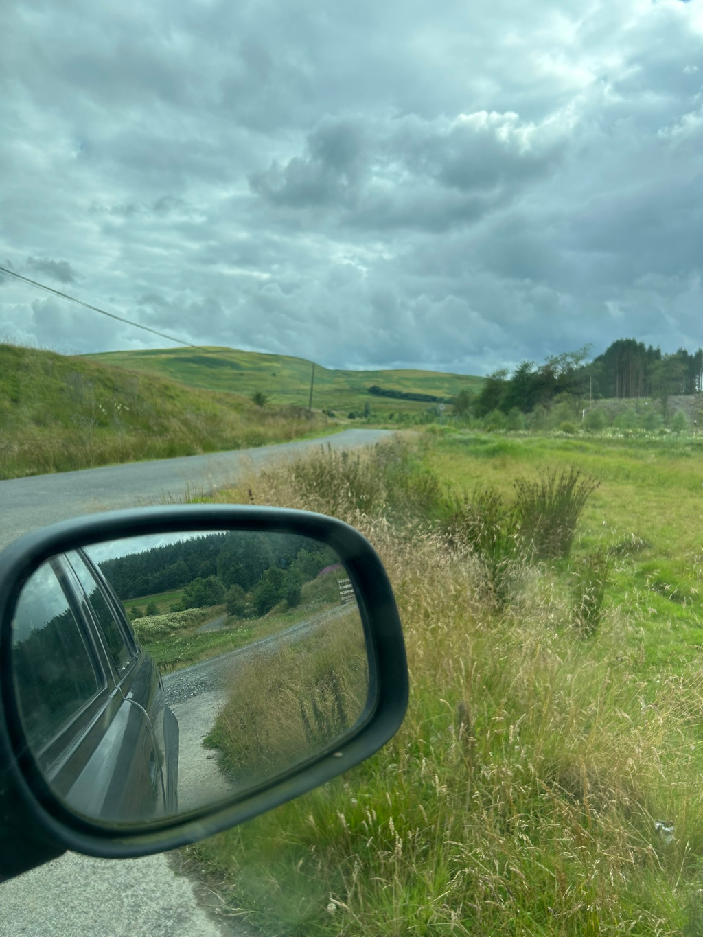 View from a car's side mirror. The mirror reflects a country road winding through a green landscape under a cloudy sky. Tall grass is visible along the roadside, and in the distance, there are rolling hills and a dark line of trees. The overall impression is one of rural travel on a somewhat overcast day.
