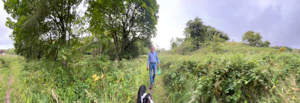 Charlie walking down a grassy path, flanked by tall vegetation. He carries a light green bag. A dog, possibly a border collie, walks slightly behind him. The background shows a slightly elevated, grassy area with some trees. The overall mood is peaceful and suggests a rural or countryside setting. The sky is overcast.
