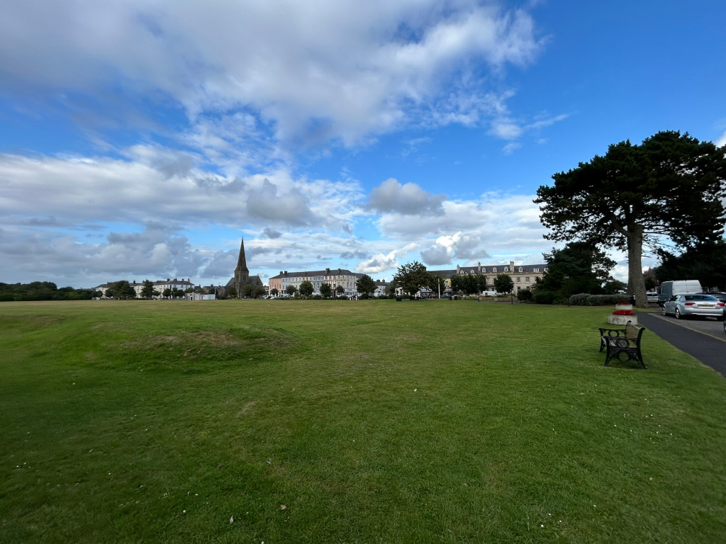 Wide, verdant grassy field stretching from the foreground to the middle ground, where several buildings and a church spire are visible under a partly cloudy sky. A large tree stands to the right, near a street with parked cars. A park bench is situated on the grass near the street.