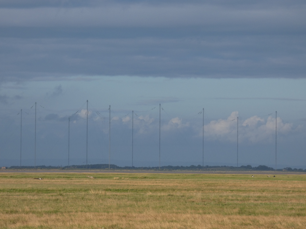 Flat, grassy landscape in the foreground. In the mid-ground, a line of tall, slender antenna towers stretches across the horizon under a cloudy sky. The overall impression is one of vastness and a somewhat muted, greyish palette. The sky dominates the upper two-thirds of the image.