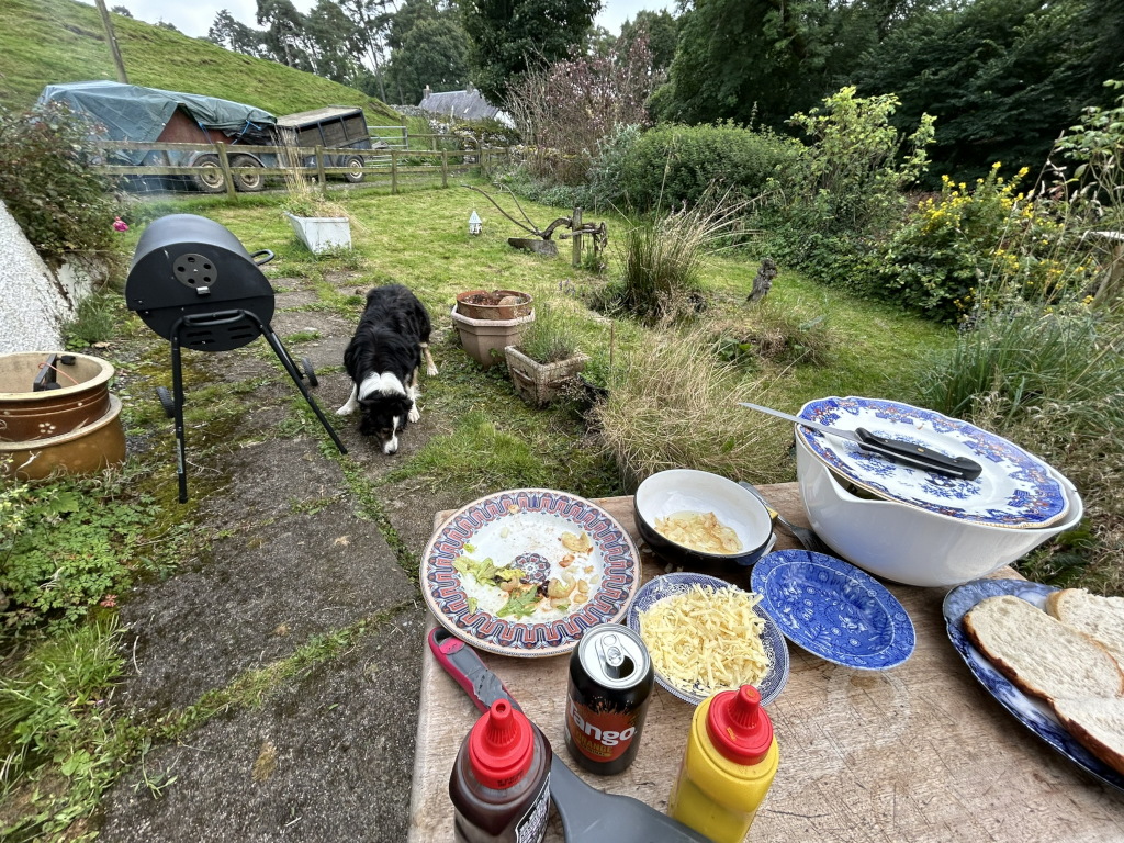 Rustic outdoor setting, likely a backyard, with preparations underway for an outdoor meal. A border collie dog is sniffing the ground near a small, portable charcoal grill. On a wooden table are various food items, including grated cheese, sliced bread, bowls of what appears to be onions or other vegetables, and condiments (bottles of what looks like BBQ sauce and mustard). The table also has several plates, including a decorative one with some food remnants on it. In the background, there is a lush garden, some outbuildings, and a partly cloudy sky.
