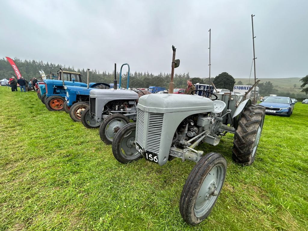 Row of vintage tractors parked on a grassy field, under a cloudy sky. The tractors are various shades of blue and grey, appearing well-maintained but showing their age. The focus is primarily on a light grey tractor in the foreground, with its registration plate partially visible. Behind it are several other tractors, gradually fading into the background. A few people are visible in the distance, near some of the tractors. In the far right background, modern cars are parked on the grass, providing a contrast to the antique farm machinery.
