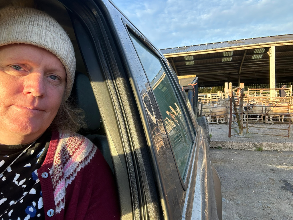 Leonie sitting in the driver's seat of a dark-colored vehicle. She is wearing a knit hat and cardigan. The vehicle is parked outside a barn where numerous sheep are visible through the vehicle's window. The scene suggests a rural setting, possibly a farm. The woman appears to be in a contemplative or pensive mood.