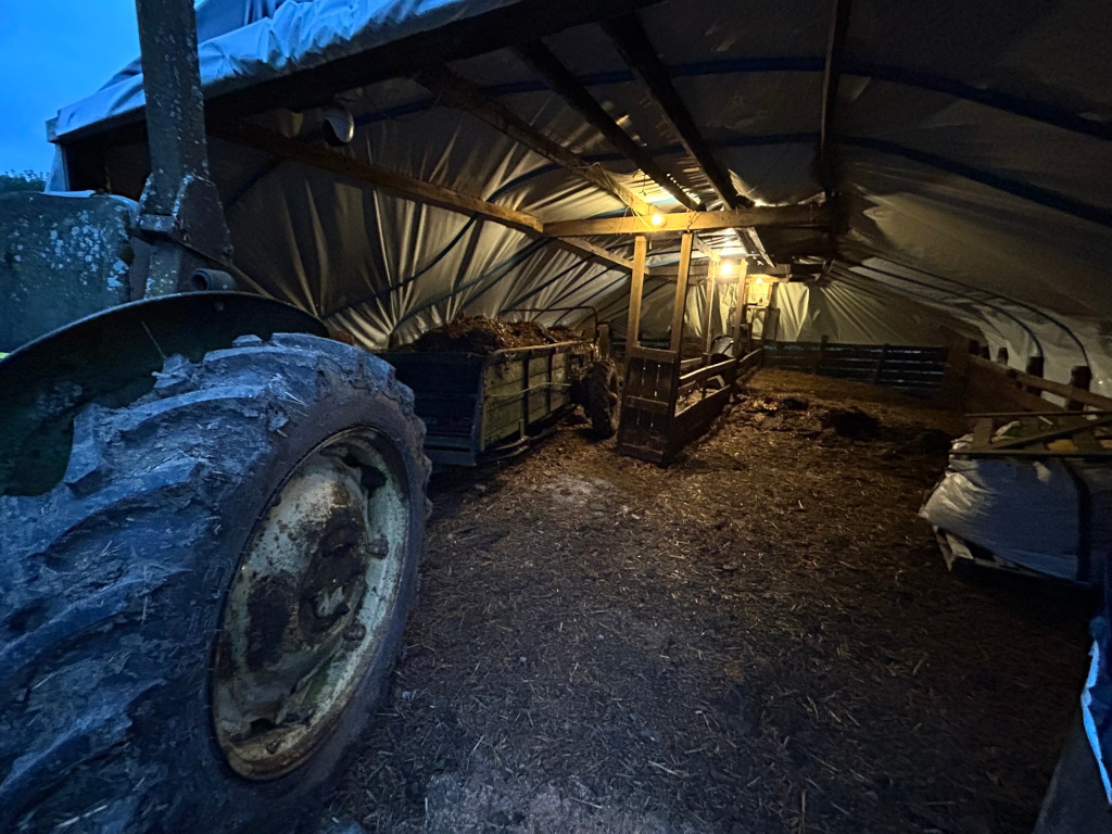 Interior of a makeshift barn or animal shelter constructed from a large tarp stretched over a wooden frame. A tractor is parked at the left, partially obscuring the view. Inside, there's a small cart filled with what appears to be manure or compost, and the ground is covered with similar material. The overall impression is one of a rustic, temporary, and working agricultural setting. The lighting is dim, suggesting either early morning or evening.