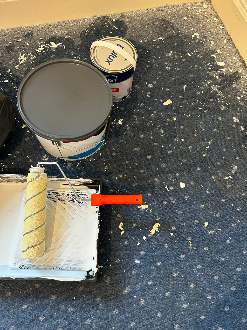 Messy scene of paint supplies spread on a dark-blue carpet. There are two paint cans, one open and one closed, a paint tray with a roller, and paint splatter and debris scattered across the carpet. The overall impression is one of an interrupted or unfinished painting project.
