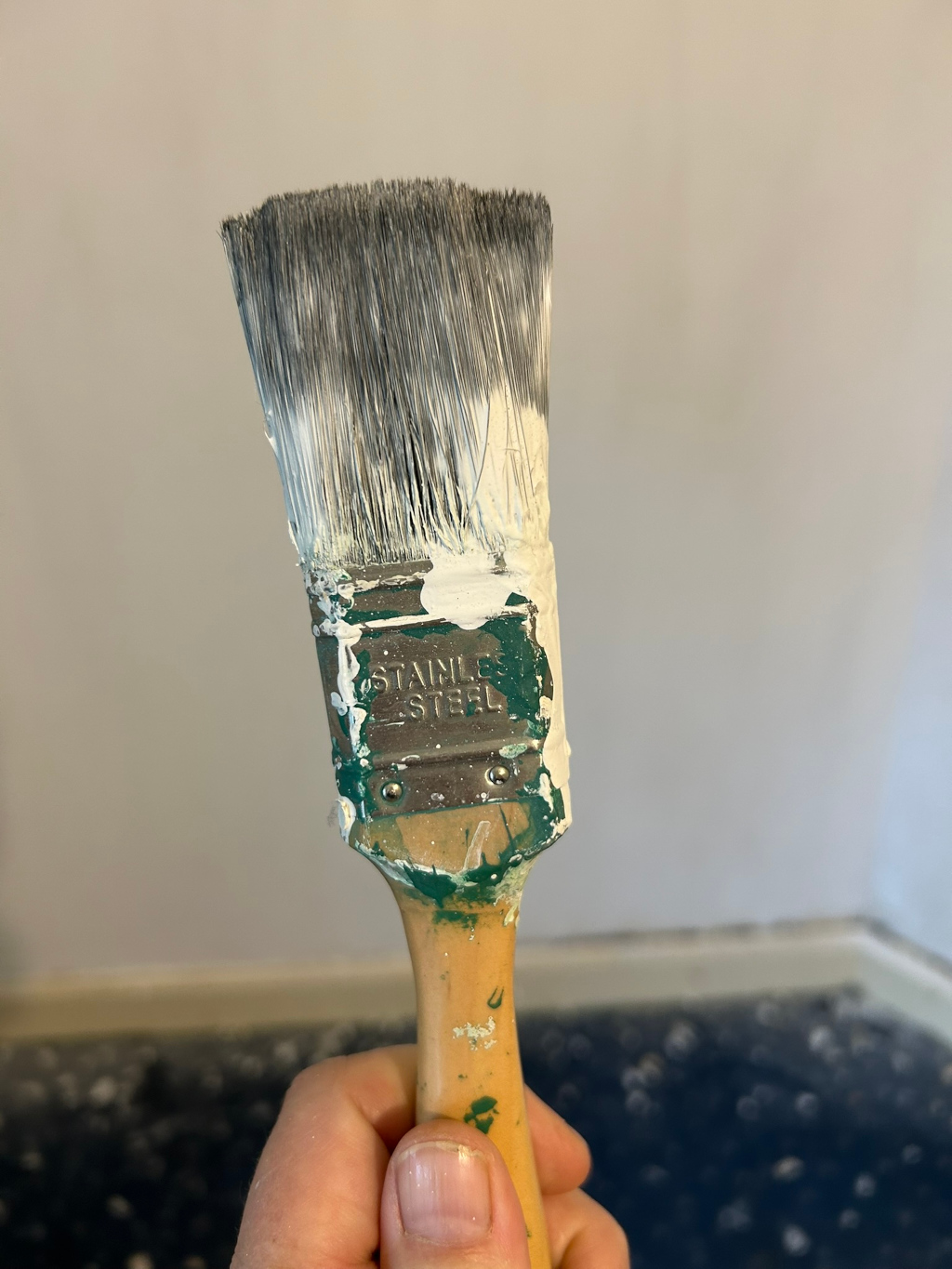 Close-up view of a paintbrush held in Leonie's hand. The brush is stained with white paint and has a green ferrule with STAINLESS STEEL stamped on it. The background is out of focus, but shows a light beige wall and a dark blue surface, possibly a tray or container. The overall impression is one of a work in progress, possibly a home improvement or painting project.