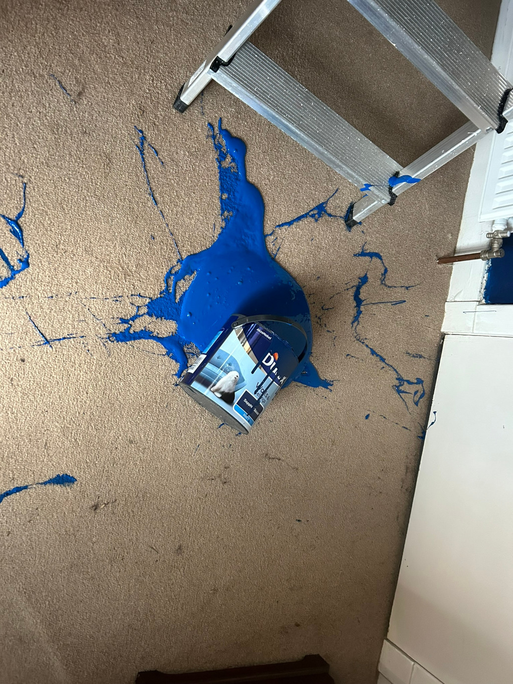 Significant amount of spilled blue paint on a beige carpet. A partially opened can of Dulux paint lies on its side within the spill. A metal stepladder is visible in the upper part of the image, suggesting a possible connection to the accident. The overall impression is one of a painting mishap or accident.