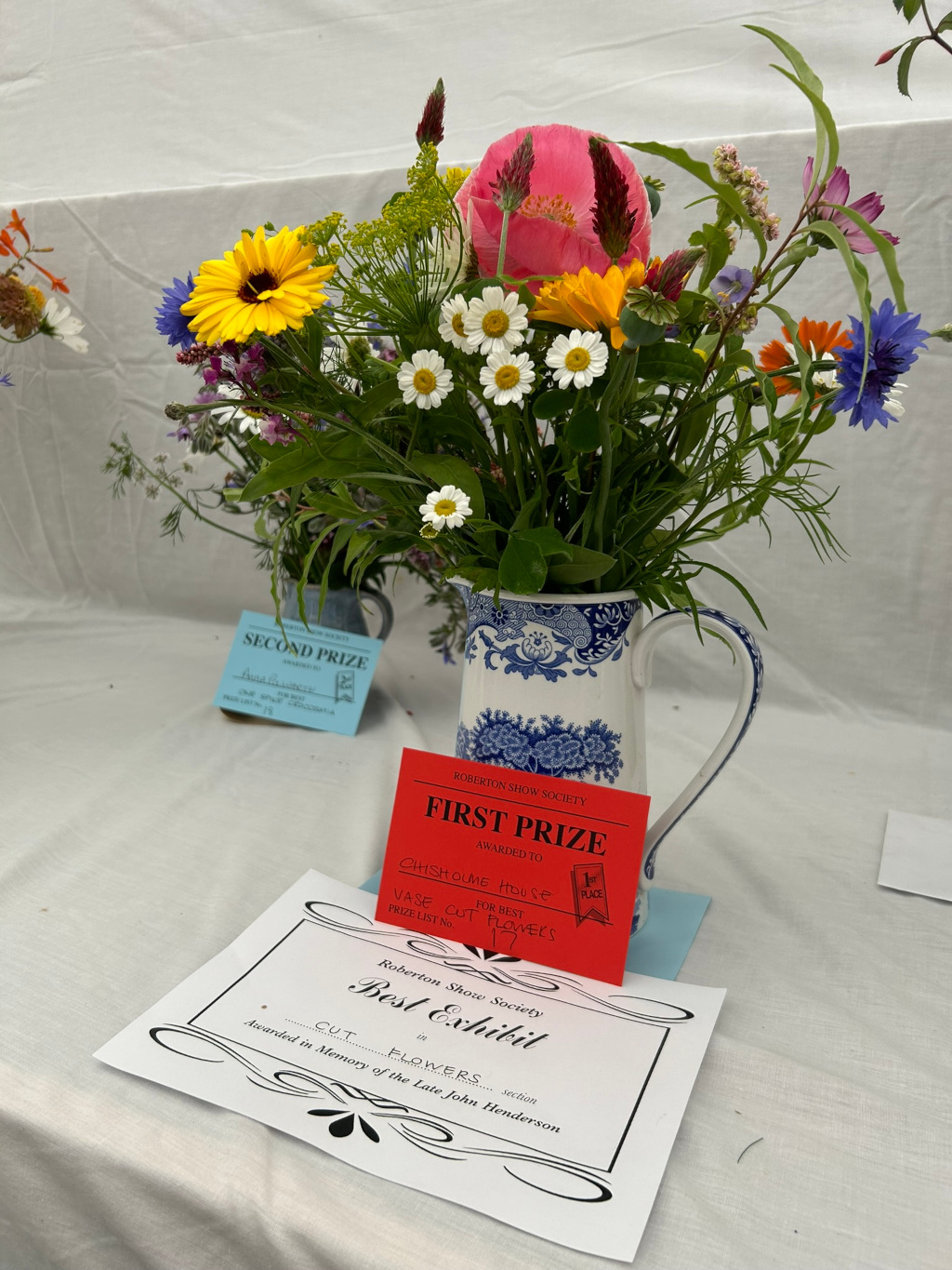 Vibrant bouquet of wildflowers arranged in a blue and white ceramic pitcher. The flowers are diverse in colour and type, including daisies, poppies, and cornflowers, suggesting a wild, rather than cultivated, origin. The arrangement is positioned on a table, alongside two award certificates. One is a red card announcing a FIRST PRIZE awarded to Chisholme House for Best Vase Cut Flowers. The other is a larger, formal certificate recognising a Best Exhibit in the Cut Flowers section, awarded in memory of the Late John Henderson. A second-place ribbon is visible in the background. The overall impression is of a prize-winning flower arrangement at a flower show, celebrating the beauty of wildflowers and commemorating a person's memory.