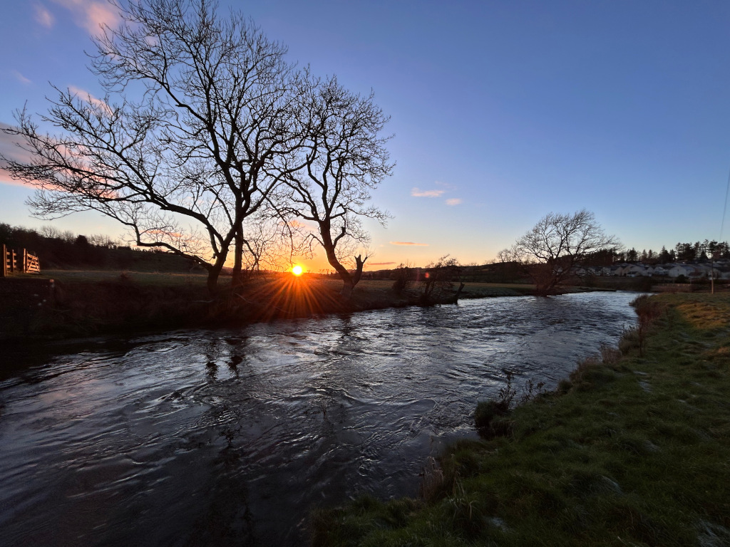 Serene sunset scene over a gently flowing river. Bare, silhouetted trees stand prominently in the foreground on the riverbank, framing the vibrant, setting sun. The river reflects the colours of the sunset, creating a tranquil atmosphere. In the background, a faint line of houses or buildings is visible, adding a touch of human presence to the otherwise natural landscape. The overall mood is peaceful and contemplative.