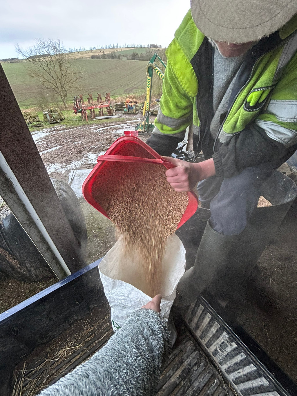 Charlie in a high-visibility jacket pouring grain from a red scoop into a white sack. Charlie is wearing a hat and rubber boots. The setting appears to be a farm or agricultural area, with farm machinery visible in the background. The overall impression is one of farm work or harvest.