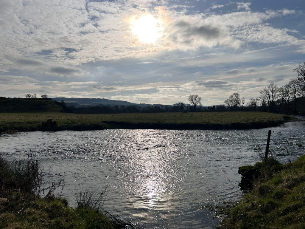 Tranquil river scene under a partly cloudy sky. The sun is shining brightly, with its light reflecting on the gently flowing water. The river bends gently, creating a small, grassy island or peninsula in the middle. The far bank is lined with bare winter trees, and rolling hills are visible in the background.