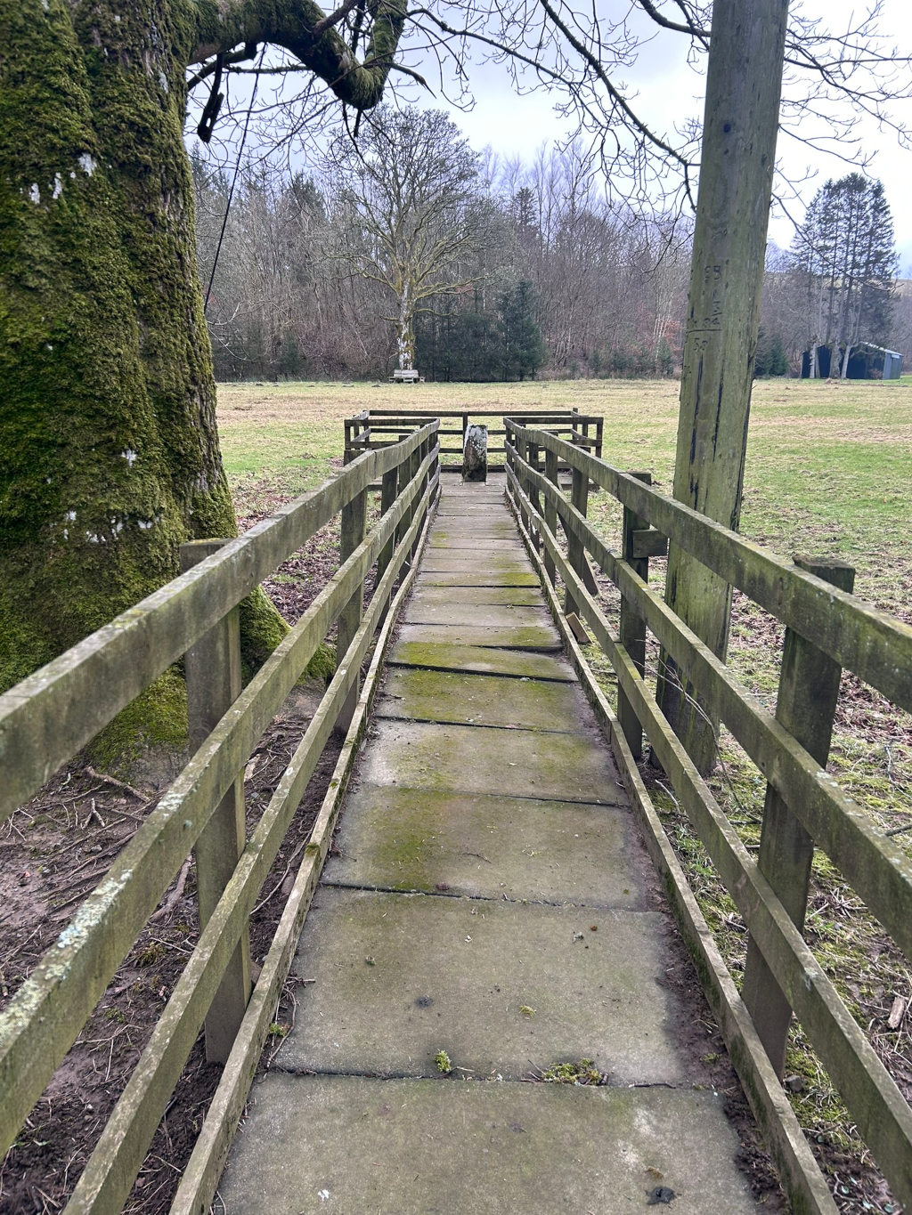 A narrow, paved pathway bordered by weathered wooden fences. The path leads to a stone structure in the middle distance. The surrounding area is a grassy field with a few trees and woodland in the background.