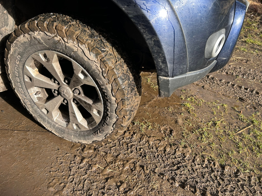 Close-up view of a dark-blue pick up truck tire deeply embedded in thick mud. The tire is visibly dirty, and the mud extends around the wheel well and onto the surrounding ground, indicating the vehicle has been driven through a muddy area. The focus is on the texture of the mud and the tire's interaction with it. The overall impression is one of off-road driving and challenging terrain.