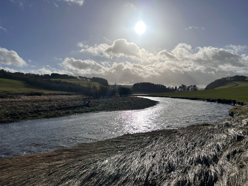 Tranquil river scene under a bright, sunny sky. A gently curving river flows through a pastoral landscape of rolling green hills and sparse vegetation. The sun is prominent in the sky, partially obscured by fluffy white clouds. The foreground shows dry, windswept grasses along the riverbank. The overall impression is one of peace and natural beauty.