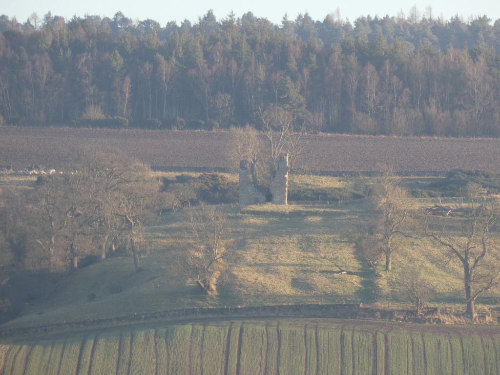Long shot of a rural landscape. In the mid-ground, there are the ruins of a stone Tower house, set within a gently rolling pasture. Bare, winter trees are scattered across the pasture. Beyond the pasture, there is a field that appears to be freshly ploughed, followed by a line of trees forming a distant horizon. The overall impression is one of serenity and quiet decay in a peaceful, agricultural setting. The image has a slightly hazy or atmospheric quality, adding to its tranquil and somewhat melancholic mood.