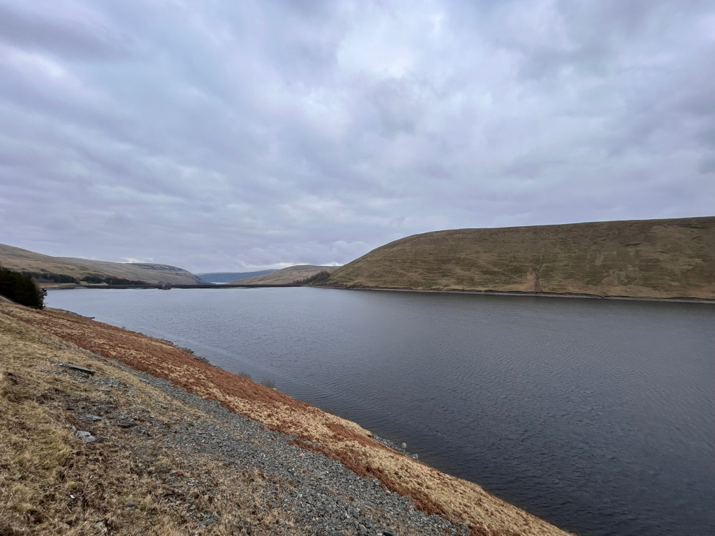 Tranquil reservoir nestled within a valley.  The water is dark and calm, reflecting the overcast sky. The surrounding hills are sparsely vegetated, displaying muted browns and greens. The overall mood is serene and somewhat austere, typical of a bleak, yet beautiful, upland landscape. A dam is visible in the distance. The photograph is taken from the bank of the reservoir, looking across the water towards the opposite hills.