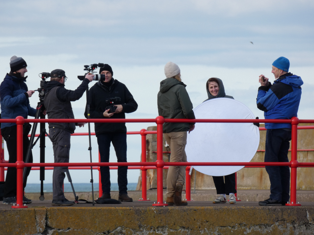 Film crew filming a woman on a seawall. There are three camera operators and a person holding a reflector for the woman. The scene is outdoors, on a somewhat overcast day. The overall impression is of a professional film shoot in a coastal location.