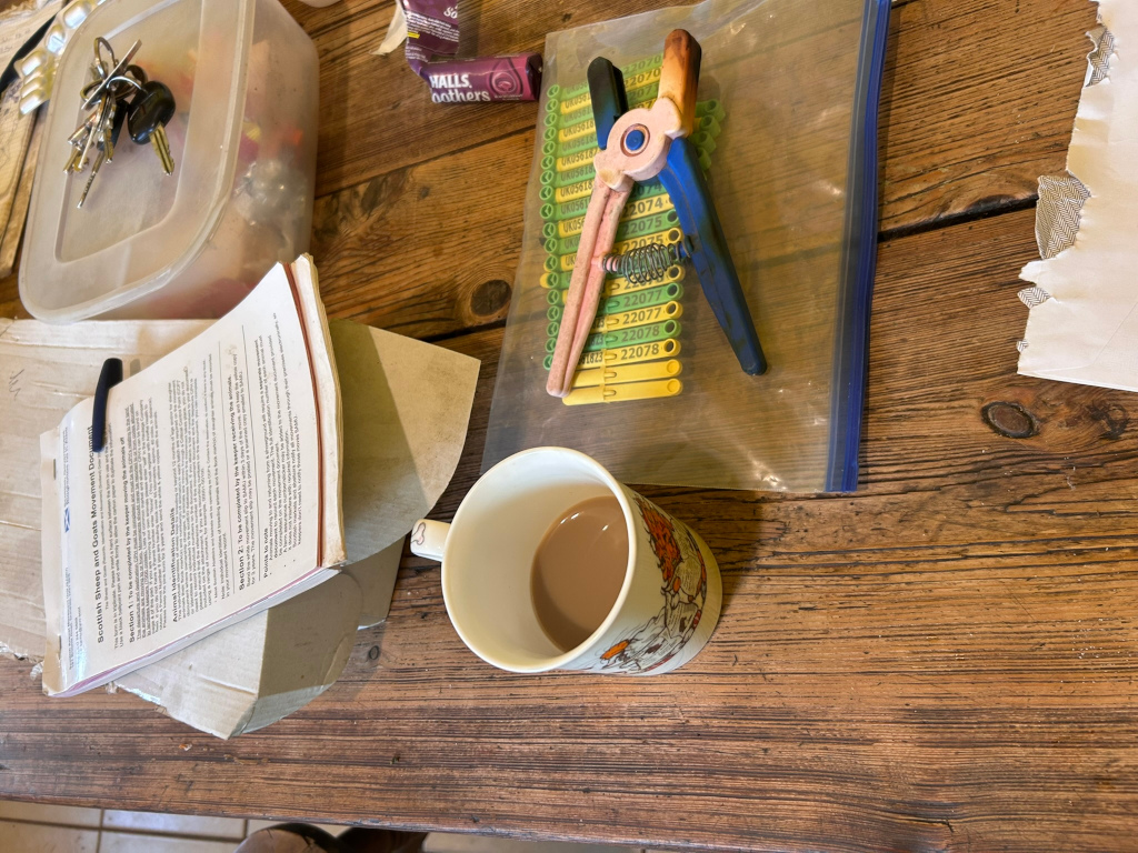 Rustic wooden table cluttered with various items. A mug of tea sits prominently near the centre. To its left is a document titled Scottish Sheep and Goats Movement Document, suggesting a rural or agricultural context. Near the top right, a plastic bag holds a pair of pliers or similar tool, alongside a colorful, numbered, possibly identification, strip. Other miscellaneous items include a box of keys, what appears to be candy or sweets in a container, and scraps of paper. The overall impression is one of a casual, possibly working, environment with a blend of everyday items and potentially work-related documents. The scene conveys a sense of everyday life in a rural setting.