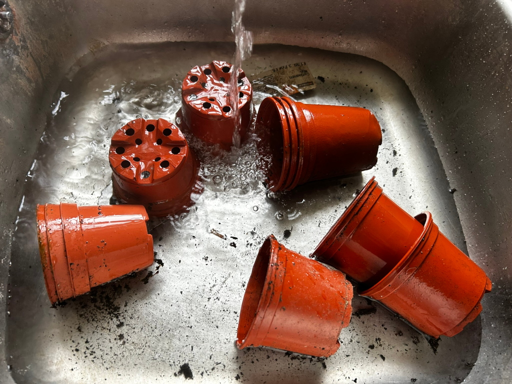 High-angle close-up view of several small, terracotta-coloured plastic plant pots in a stainless steel kitchen sink. The pots are various sizes and shapes, some are slightly wider at the top, and others look more cylindrical. Water is filling the sink and is splashing around the pots. There are remnants of dirt, soil, or debris, appearing as dark specks and small smudges, visible on the bottom of the pots and the sink's surface.