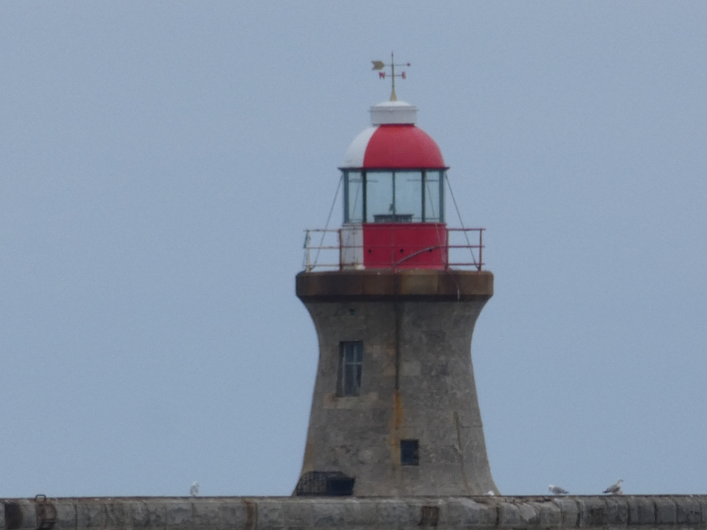 Close-up view of a lighthouse. The lighthouse is mostly grey stone, with a red and white lantern room at the top. There's a small weather vane atop the lantern room. A few seabirds are perched on the wall near the base of the lighthouse. The sky is a uniform light grey or blue-grey.