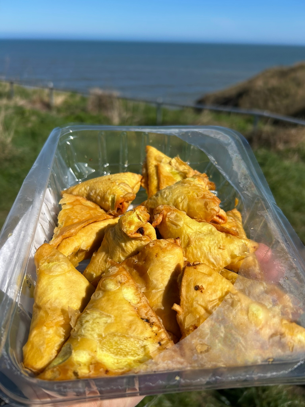 Clear plastic container filled with a quantity of golden-brown, fried samosas. The samosas appear crispy and are piled somewhat haphazardly. The background is blurred but shows a bright sunny day with a view of a calm sea and grassy clifftop. The overall impression is one of a casual, outdoor snack.