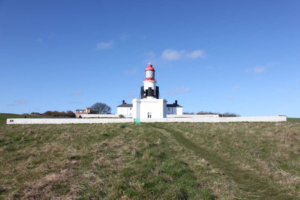 Lighthouse situated atop a grassy hill. The lighthouse is predominantly white with a red lantern room at the top.  It's set against a clear, bright blue sky, with a low wall surrounding its base and some buildings connected to it. A grassy path leads towards the lighthouse from the foreground. The overall scene is peaceful and evokes a sense of coastal serenity.