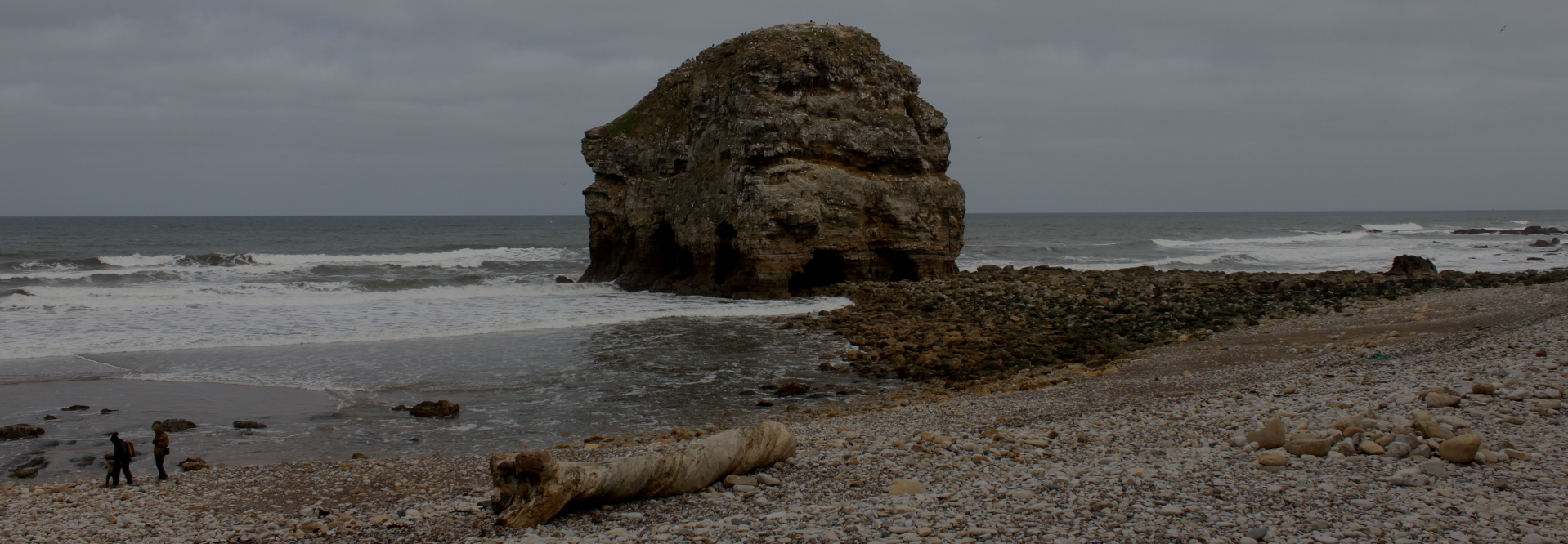 Rocky outcrop, resembling a large, dark-coloured head, jutting out into a turbulent sea under a grey sky. Two figures are visible on the pebbled shore in the lower left, adding a sense of scale. A weathered piece of driftwood lies on the beach in the foreground. The overall mood is sombre and somewhat dramatic due to the overcast sky and the powerful waves.