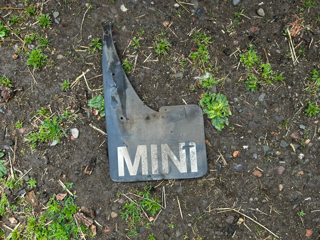 Discarded, dirty, black plastic mud flap from a Mini car lying on the ground. The word MINI is faintly visible in white lettering on the flap. The ground is bare earth with patches of small green plants.