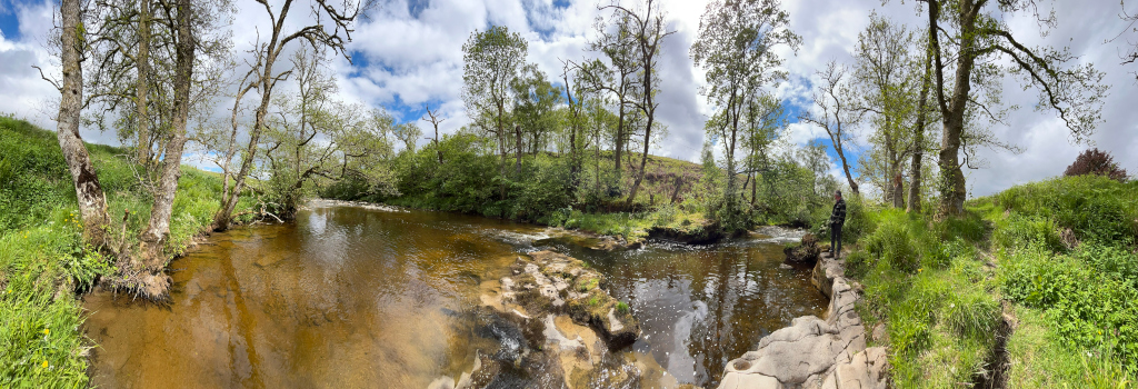 Panoramic view of a serene river scene. A calm river flows through a lush green landscape, partially surrounded by trees and grassy banks. A person stands near the river's edge on the right, adding a sense of scale. The sky is partly cloudy, providing dappled sunlight. The overall impression is one of peaceful natural beauty.