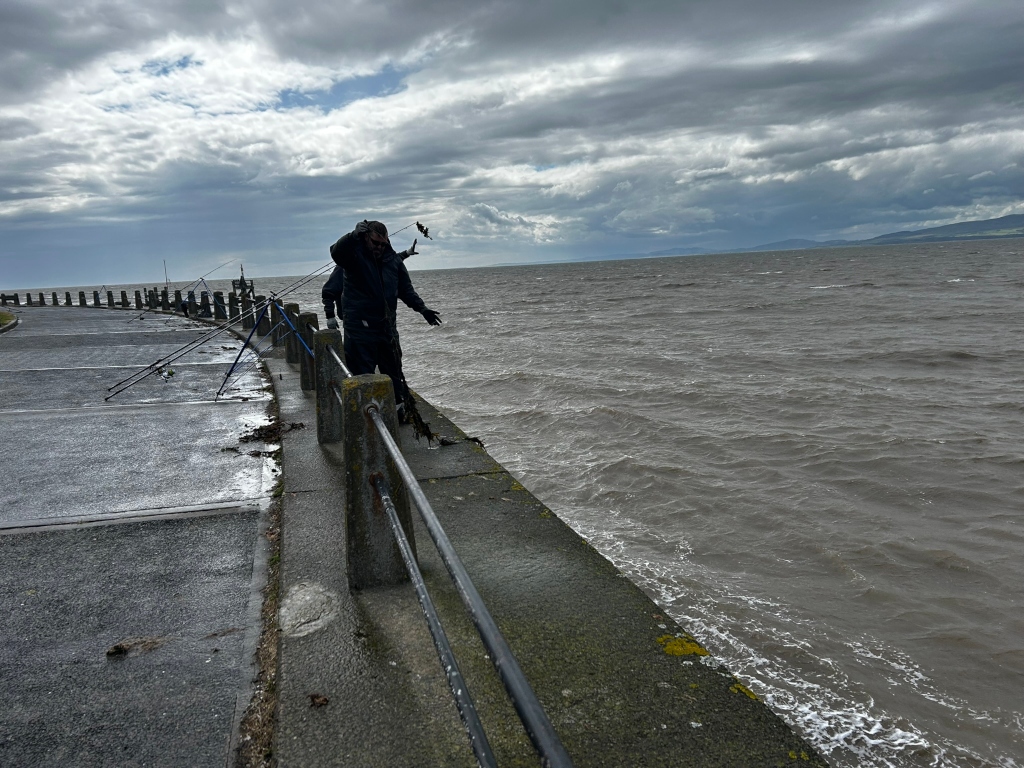 Person standing on a seawall, seemingly discarding something into the water. The individual is dressed in dark, waterproof clothing, suggesting inclement weather. Multiple fishing rods are visible along the wall, indicating a fishing location. The sea is choppy, and a cloudy sky dominates the background, reinforcing the impression of a somewhat stormy day. The overall scene feels somewhat bleak or solitary.
