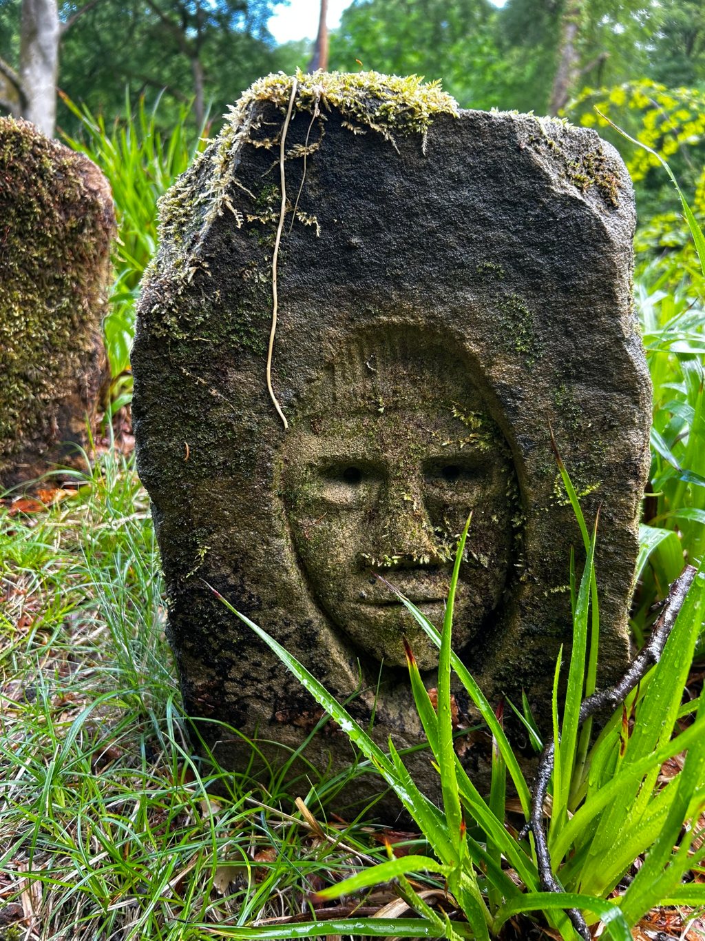 Weathered stone carving of a human face, partially obscured by moss and nestled amongst lush green vegetation. The carving is deeply embedded in the stone, giving the face a somewhat solemn and ancient appearance. The overall scene evokes a sense of age, quietude, and perhaps even a touch of mystery.