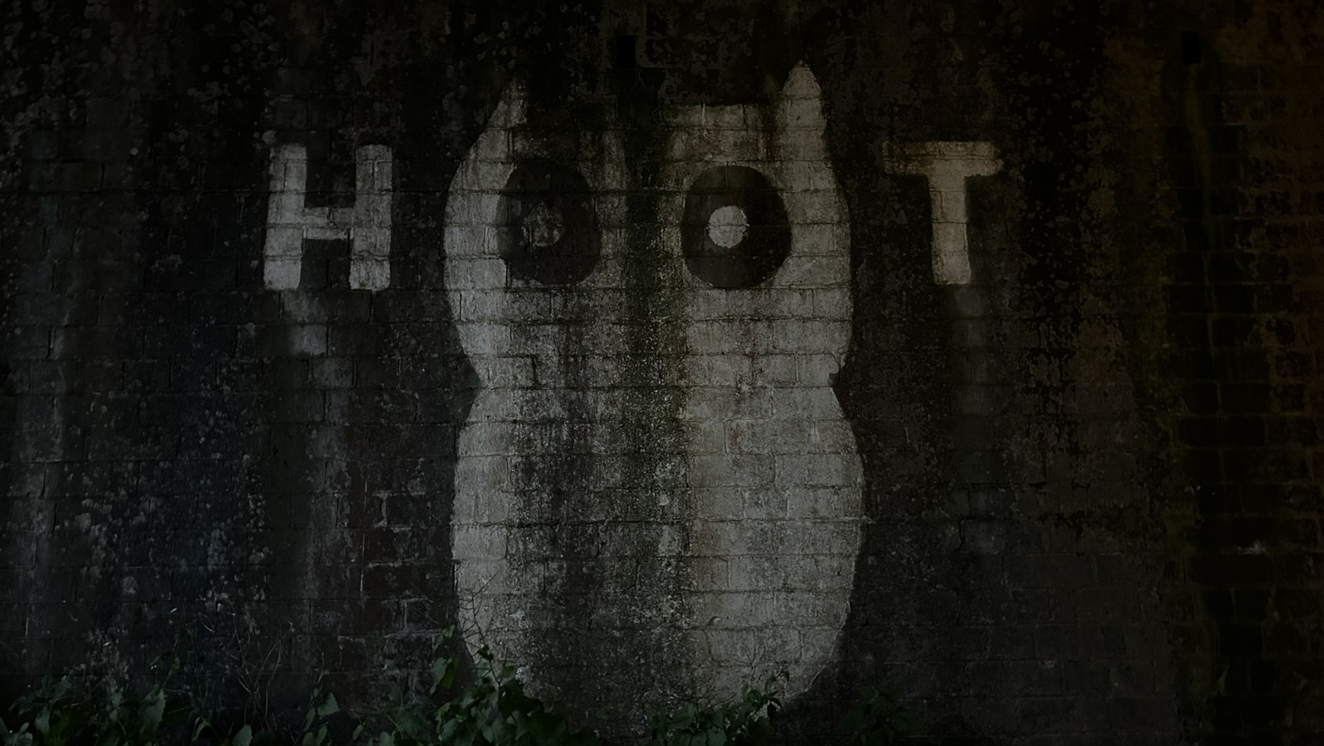 Dark, weathered brick wall with a large, crudely painted owl. The owl is white, with large, simple circles for eyes, and the word HOOT is painted above it, also in white. The overall effect is somewhat mysterious and slightly eerie due to the darkness, the aged wall, and the stark contrast between the white paint and the dark brick.