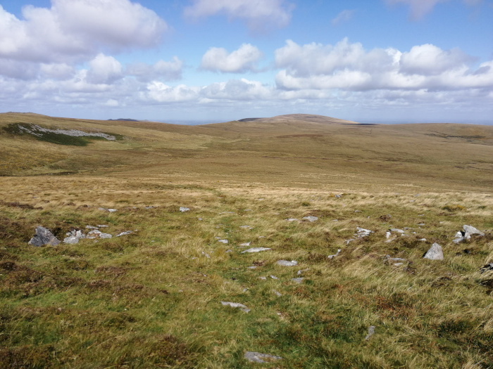 Vast, undulating expanse of moorland under a partly cloudy sky. The foreground is dominated by low-lying, windswept grass and scattered rocks, suggesting a remote and possibly high-altitude location. In the mid-ground and background, the land continues to roll gently, with a slightly higher hill visible in the distance. The overall colour palette is muted, comprised of greens, browns, and blues, reflecting a natural, rugged landscape.