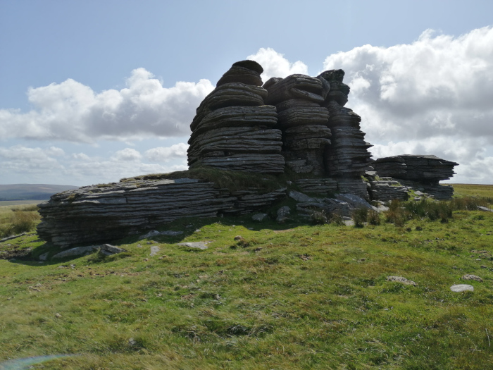 Large rock formation, appearing layered and stratified, situated in a grassy field under a partly cloudy sky. The rock is the dominant feature, with its textured surface and irregular shape suggesting natural erosion over time.