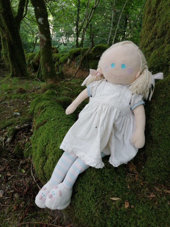 Rosie rag doll, dressed in a white dress and pale pink and white striped socks and shoes, sitting on a mossy log in a wooded area. The doll has blonde yarn hair and light blue eyes. The setting is a dark, somewhat mysterious, forest.