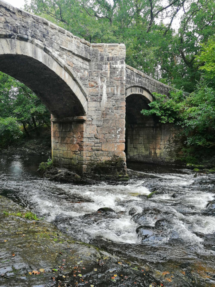 Stone arch bridge spanning a river. The river flows swiftly over rocks, and lush green vegetation surrounds the bridge and riverbanks. The scene evokes a sense of tranquillity and the passage of time, with the ancient bridge contrasting with the ever-moving water.