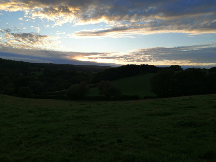 Tranquil landscape at sunset. The foreground is a dark green pasture. In the middle ground, there's a line of trees and hedges separating the pasture from a gently rolling valley. The background reveals a broader valley, also covered in vegetation, against a sky filled with a mix of clouds, some lit by the setting sun.