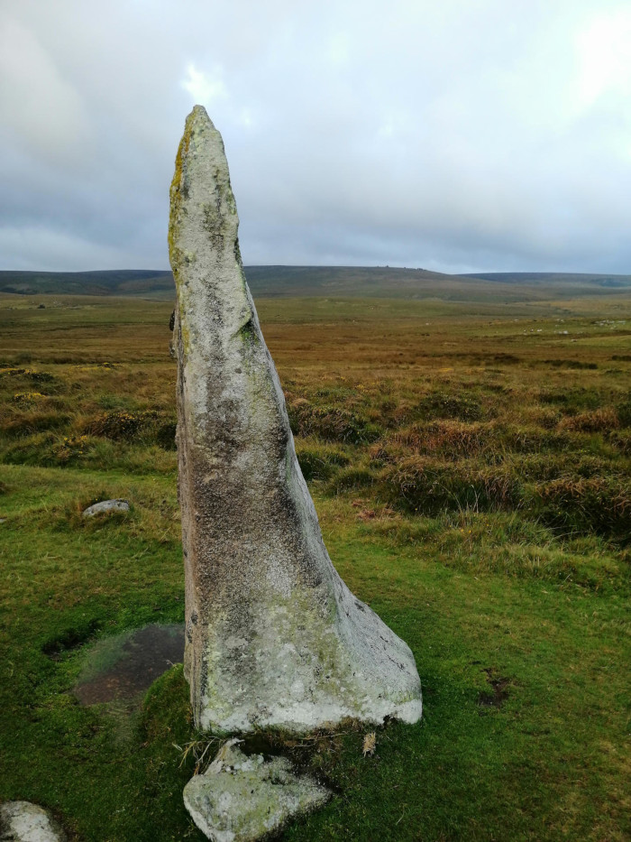 Tall, slender, light grey stone standing upright in a grassy field. The stone is weathered and shows signs of age and erosion. The background is a vast, open moorland under a cloudy sky. The overall impression is one of solitude and the passage of time. The stone appears to be a menhir, or standing stone, a type of monument associated with ancient cultures.