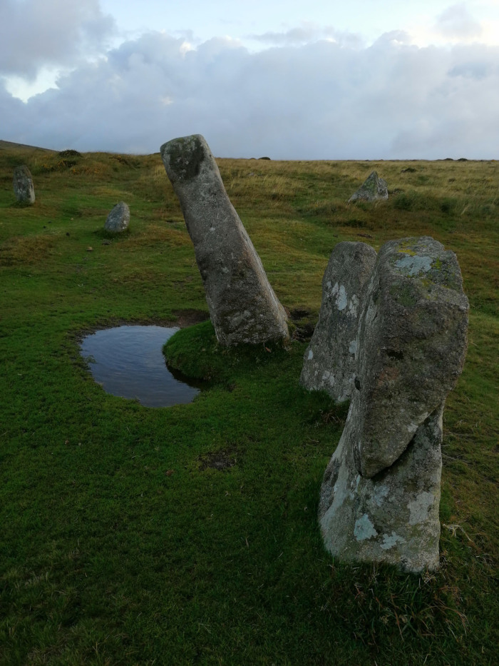 Collection of large, moss-covered stones arranged in a seemingly haphazard manner on a grassy field. These stones appear to be remnants of a stone circle or similar ancient structure, with some stones leaning or fallen. A small puddle of water is visible in the foreground. The background shows a gently undulating landscape under a cloudy sky.