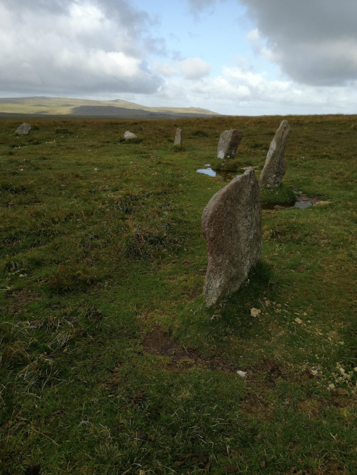 Partially ruined stone circle in a grassy field, set against a backdrop of low hills under a partly cloudy sky. Several upright stones of varying sizes and shapes remain, some leaning, indicating age and weathering. Small puddles of water are visible in the grass near some of the stones.