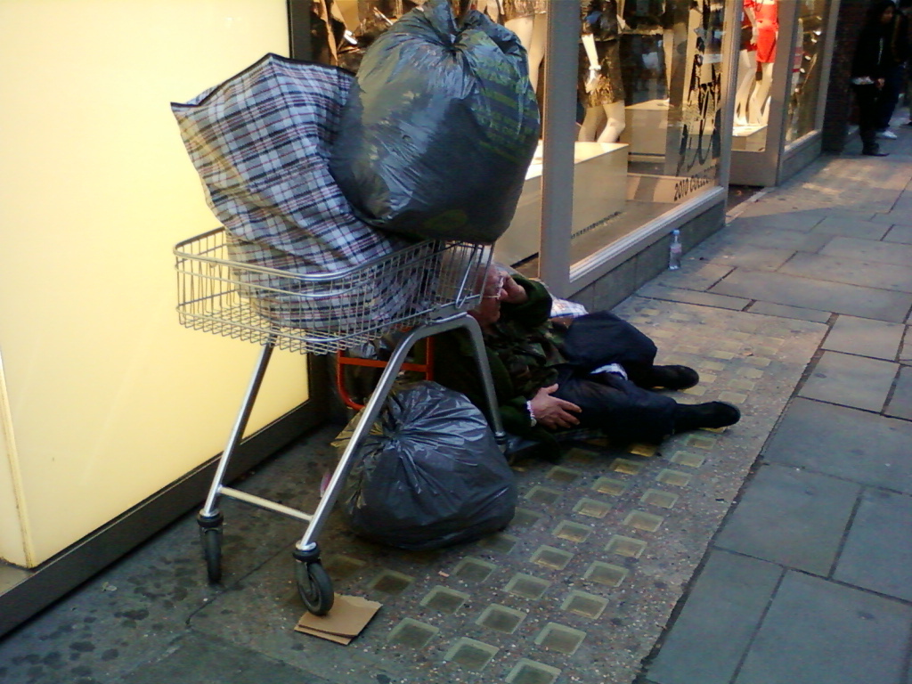 Homeless person sitting on the side walk next to a shopping cart filled with bags. The bags appear to contain personal belongings and possibly trash. The individual is seated against the wall of a store, suggesting a lack of shelter. The overall impression is one of poverty and destitution, juxtaposed against the backdrop of a seemingly affluent retail environment.