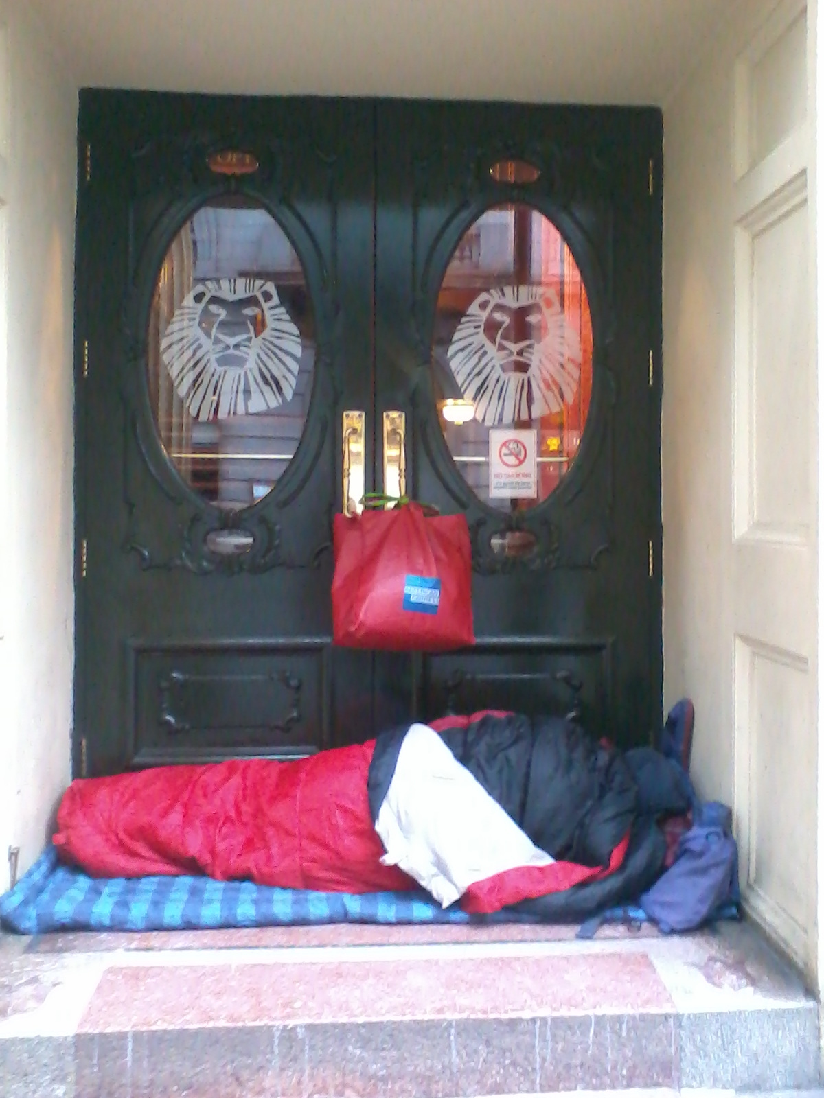 Person sleeping in a red sleeping bag on the steps of a building. The building's double doors have circular windows with images of lions' heads, suggesting it might be a theatre or a venue related to The Lion King. A red bag is hanging on the doors near the sleeping person. The scene depicts homelessness and poverty in contrast to the apparent prosperity suggested by the building's architecture. The juxtaposition creates a poignant visual commentary on social inequality.