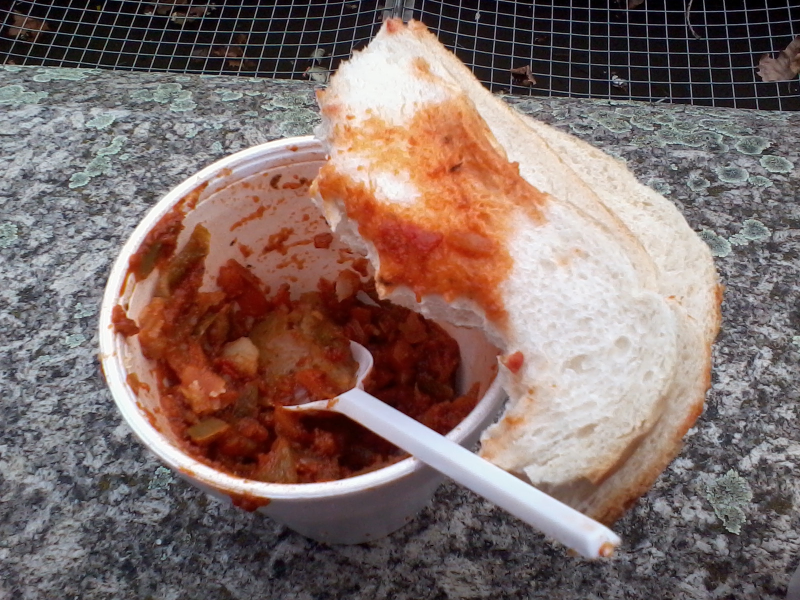 Partially eaten meal consisting of a stew-like dish in a white plastic cup and a piece of white bread. The bread appears to have been used to scoop up some of the stew, leaving tomato-based sauce on its surface. A small white plastic spoon is also visible in the cup. The meal rests on a mottled grey stone surface, partially visible in the background is a wire mesh fence.