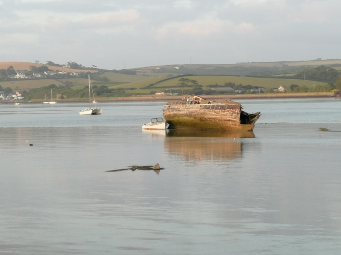 Calm body of water with a partially submerged, decaying wooden boat in the foreground. The boat appears old and weathered, with significant damage. In the background, there are gently rolling green hills under a light grey sky. A few small boats are visible in the distance, adding to the tranquil, somewhat melancholic atmosphere.