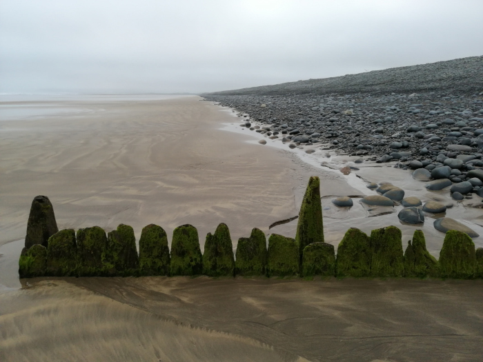 Wide, sandy beach under a grey, overcast sky. A low, moss-covered, wave-break structure runs horizontally across the lower third of the image, partially submerged in the wet sand. Beyond that, a substantial area of dark, rounded stones extends to the right and into the background, creating a contrast with the smoother sand. 