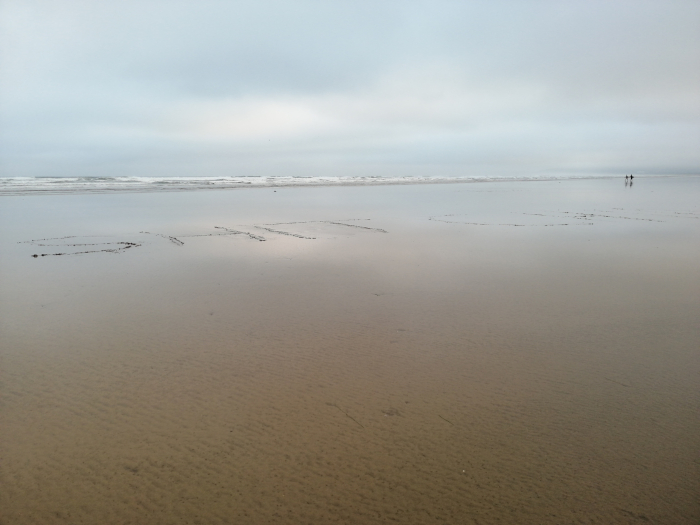 Wide, flat beach under a pale, overcast sky. The word SHHH is lightly etched into the wet sand near the water's edge. Two small figures are visible in the far distance walking along the shoreline. The overall mood is serene and quiet.