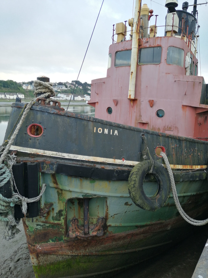 Close-up view of the bow of an old, rusty tugboat named IONIA. The boat's hull is a mix of faded red, black, and green paint, showing significant wear and tear. The name IONIA is visible on the black section of the hull. Heavy ropes are attached to the boat, and a worn tire is affixed near the bow. The tugboat is beached or docked, with the muddy shoreline visible in the lower left corner. A residential area is faintly visible in the background across calm water. The overall impression is one of age, weathering, and perhaps abandonment or disuse.
