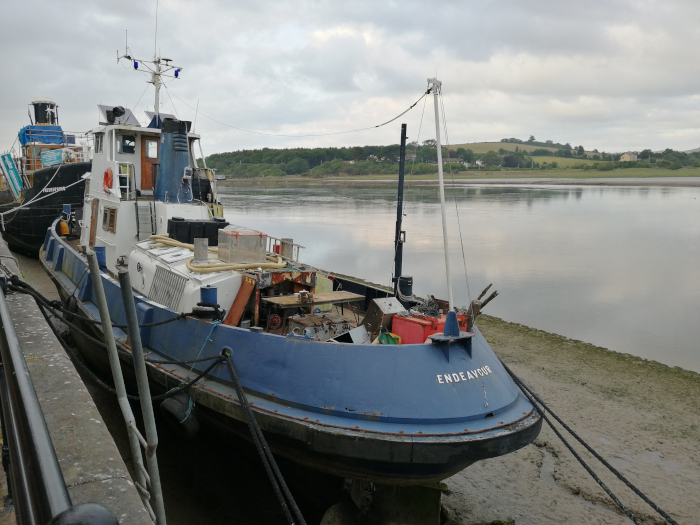 Two tugboats moored along a muddy riverbank. The foreground is dominated by a larger, blue tugboat named ENDEAVOUR, which appears weathered and shows signs of age and disrepair. A smaller, black tugboat is partially visible behind it. The river is calm, reflecting the cloudy sky and the distant, verdant shoreline.