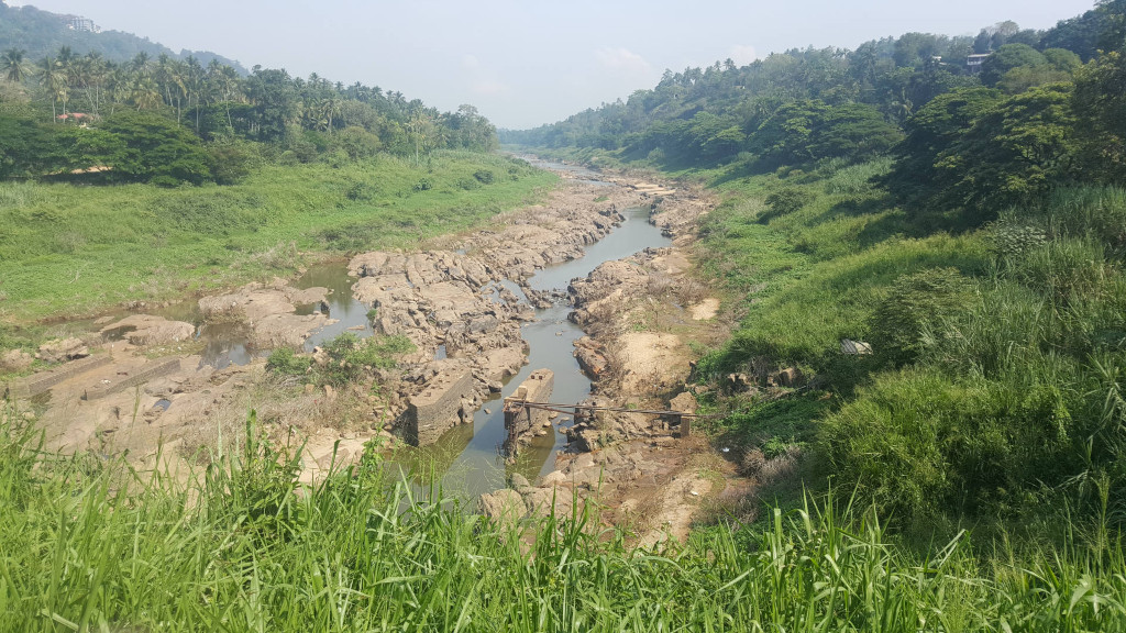 Shallow, rocky riverbed carving a sinuous path through lush green vegetation. The river itself is narrow, with patches of stagnant, murky water interspersed with exposed, sun-baked rocks of varying shades of brown and gray. A partially dilapidated, man-made structure—a low, crumbling stone or concrete dam or weir—is visible near the centre, featuring remnants of a rusty metal framework across the river's channel. The river appears to be low on water, almost dried up in sections. The vegetation consists mainly of tall, vibrant green grasses and shrubs lining the riverbanks, spilling over into the foreground. No people or animals are visible.